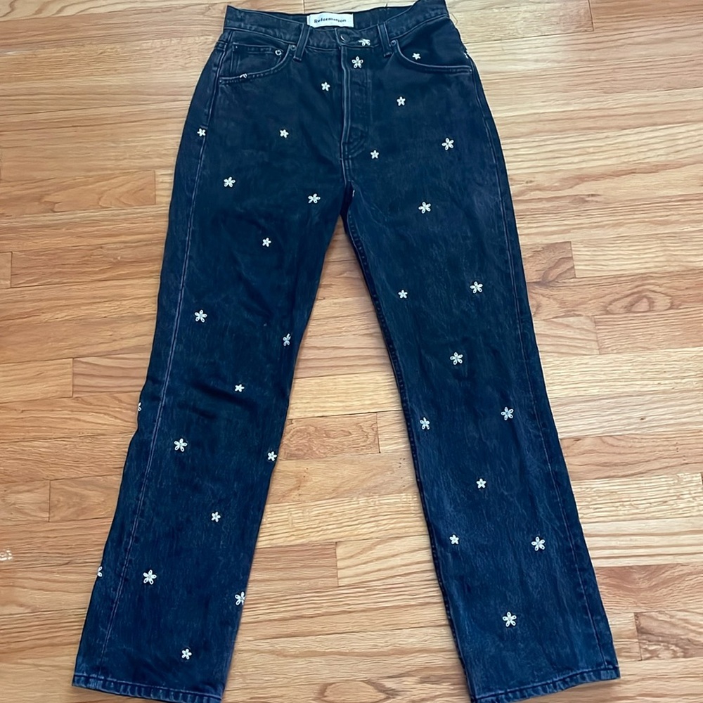 Reformation Black High-Rise Jeans with White Daisy Embroidery